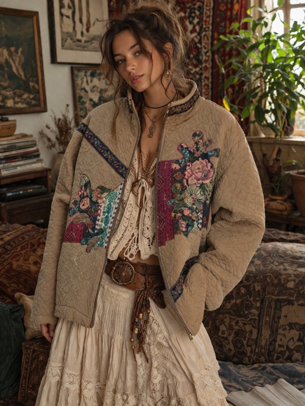 RAFAEL Tan Quilted Jacket with Floral Embroidery cottagecore cabincore grandma